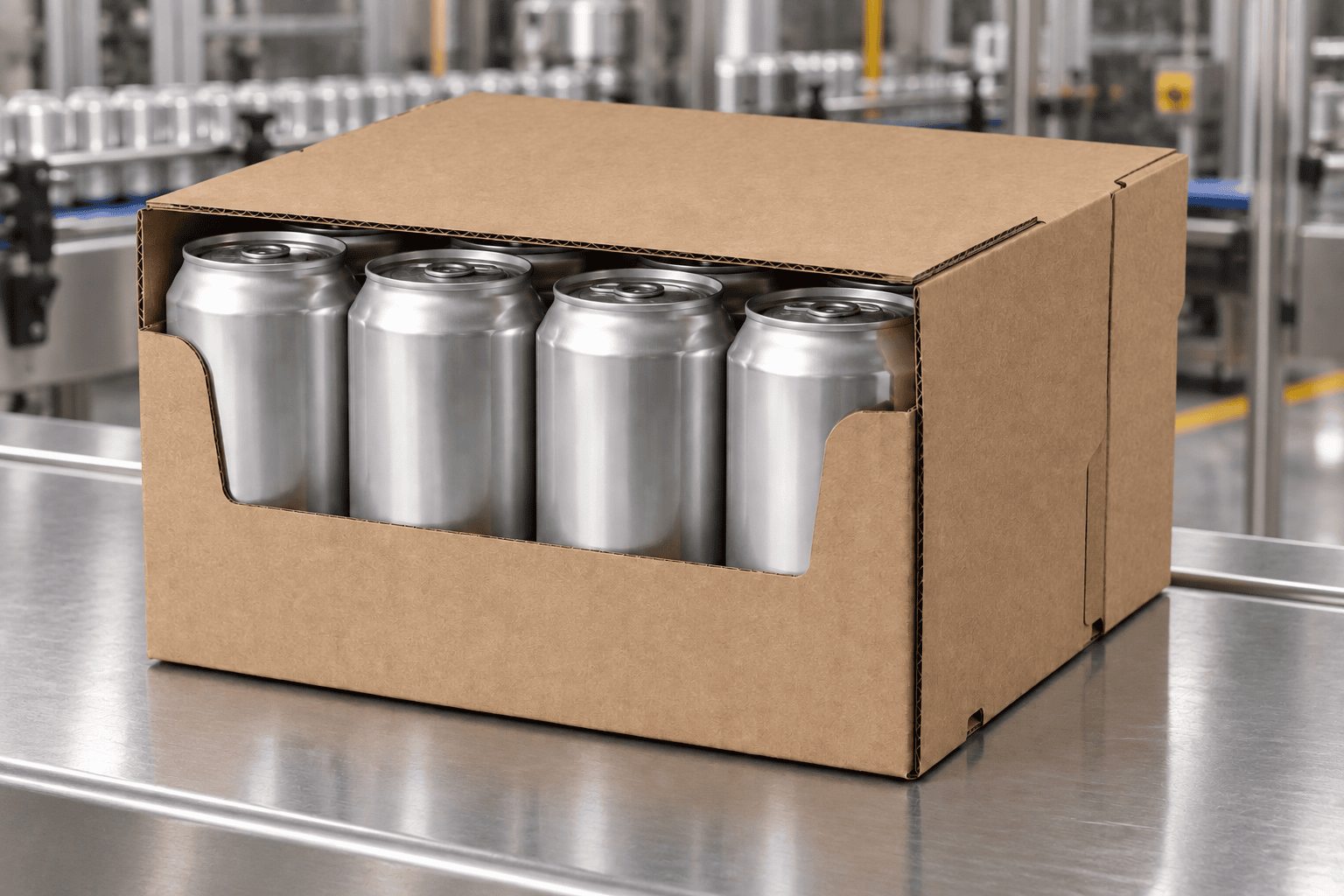 Shelf-ready wrap-around case of aluminium cans on a beverage packaging line