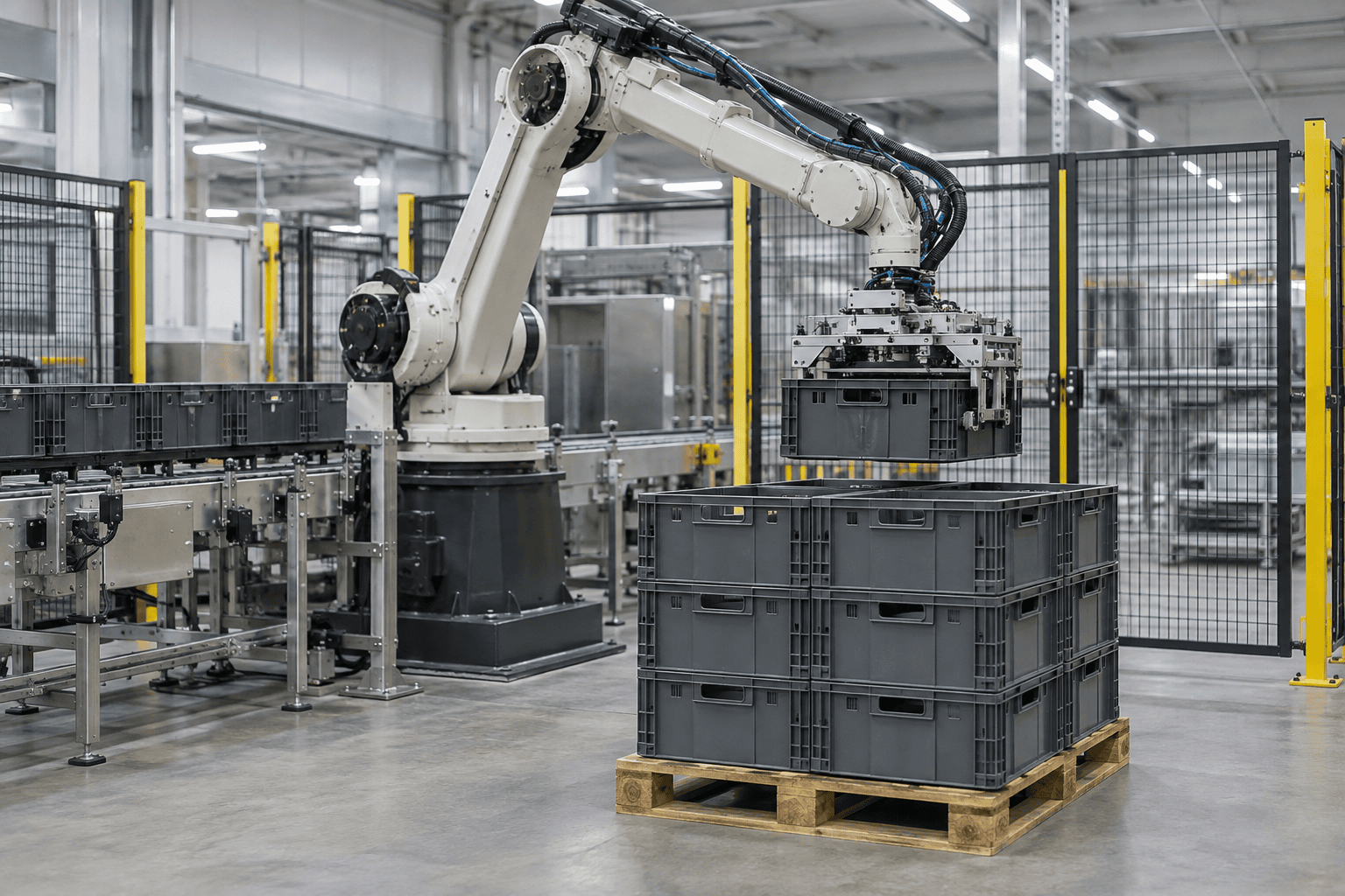 Robot placing a paper sack onto a stacked pallet with a fingered gripper