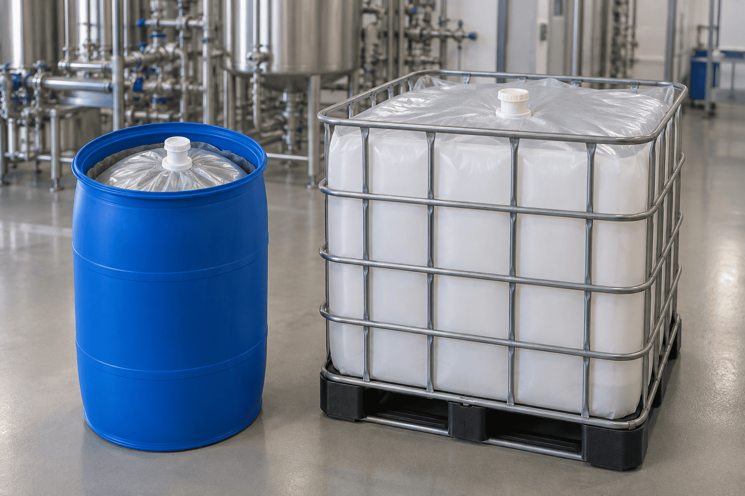 Aseptic bag-in-drum liner and 1,000 litre IBC liner with fitment caps in a process hall