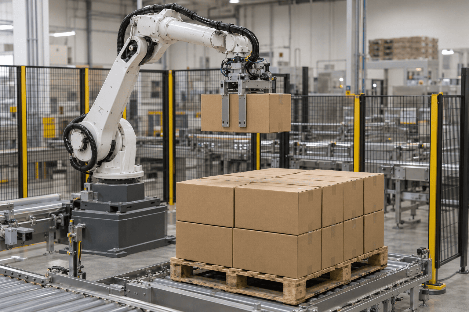 Robot placing a shipper carton onto a stacked pallet with a clamp gripper