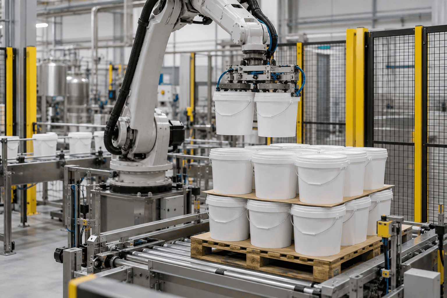 Robot stacking plastic crates onto a pallet with a clamp gripper