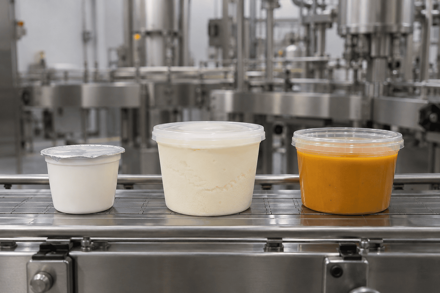 Foil-sealed cream pot, ice cream tub and soup tub in three sizes on a filling line