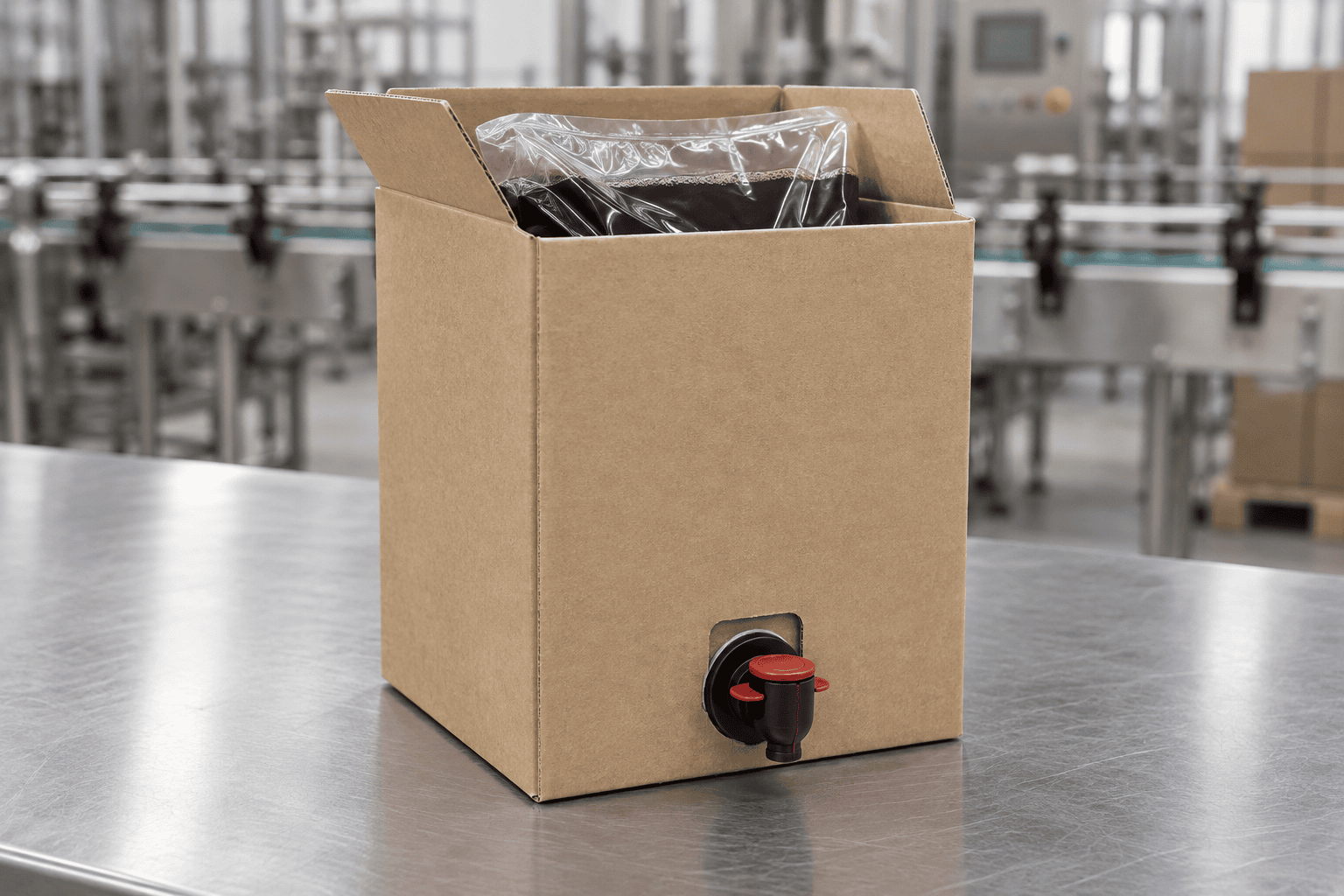 Cask wine bag-in-box with a fitment tap on a stainless bench beside a filling line