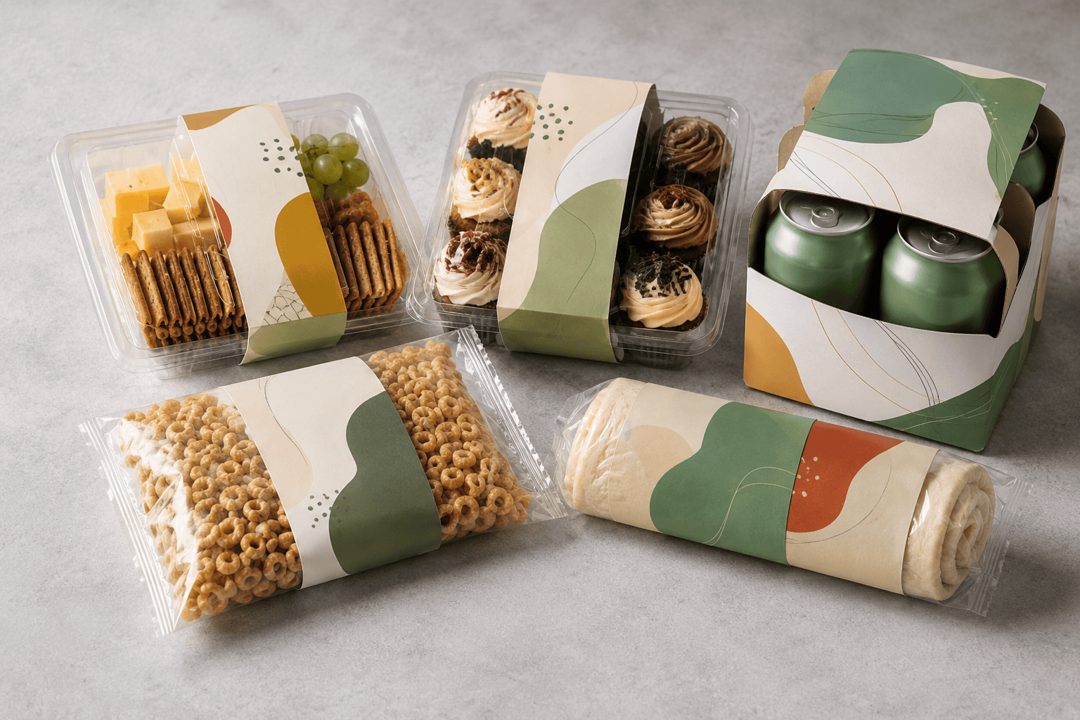 Sleeved cheese and cracker pack, cupcakes, cereal bag, pastry roll and canned drink four-pack