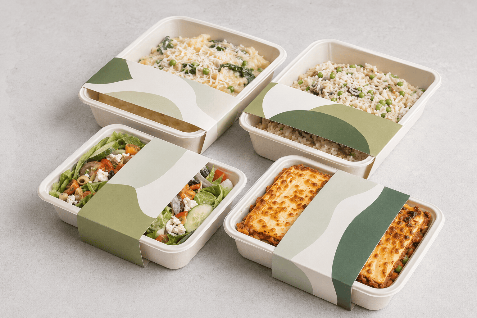 Sleeved fibre trays of risotto, rice, salad and lasagne