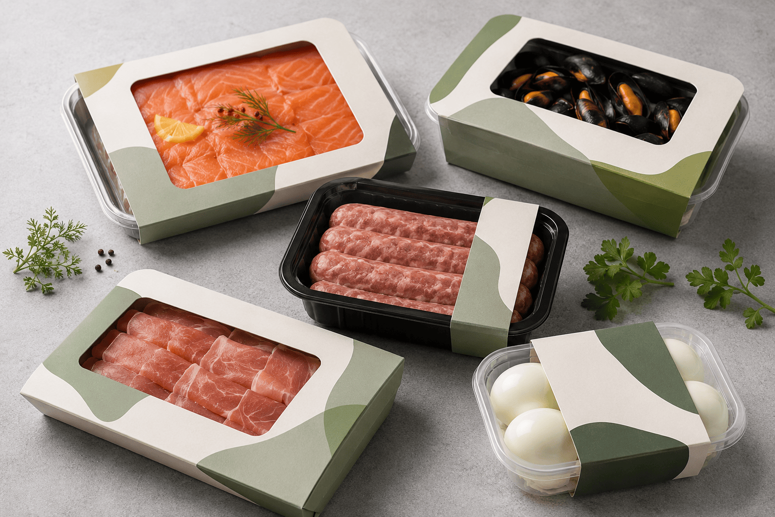 Sleeved salmon tray, mussels, sausages, prosciutto and boiled egg pack