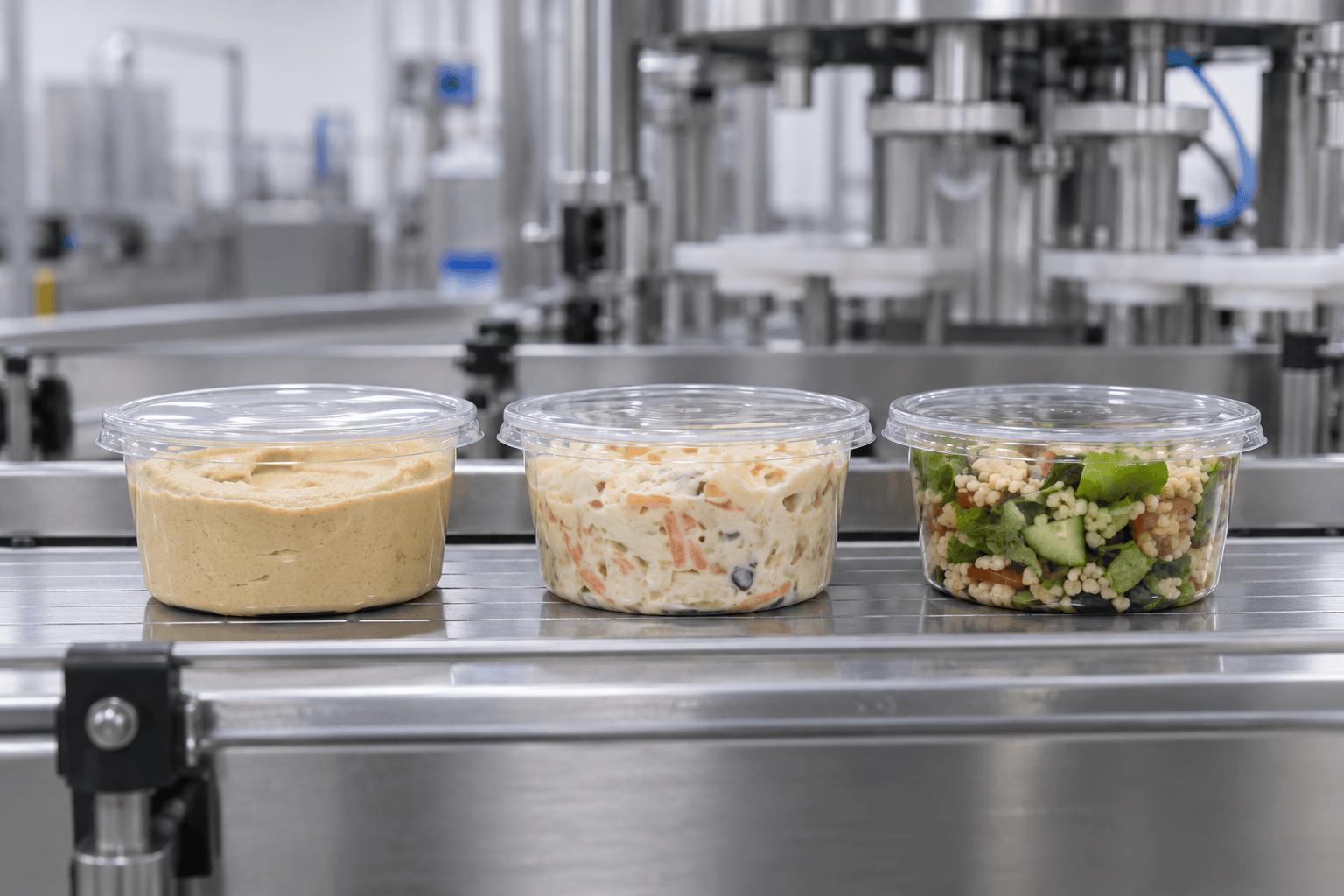 Lidded tubs of hummus, coleslaw and prepared salad on a filling line