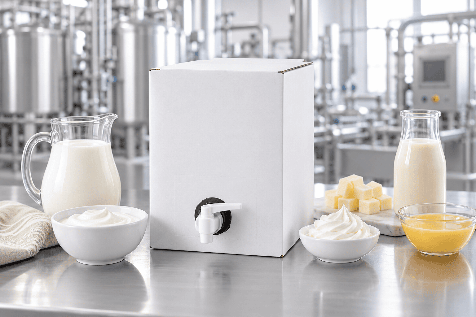 Bulk bag-in-box packs of UHT milk, cream, cheese products and liquid egg