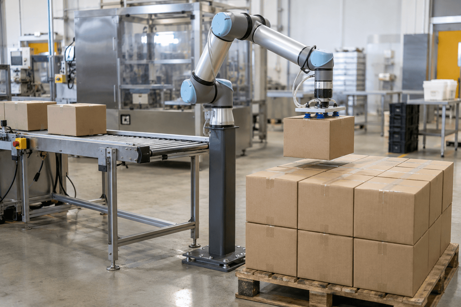 Cobot with vacuum tooling stacking cartons on a full Australian pallet