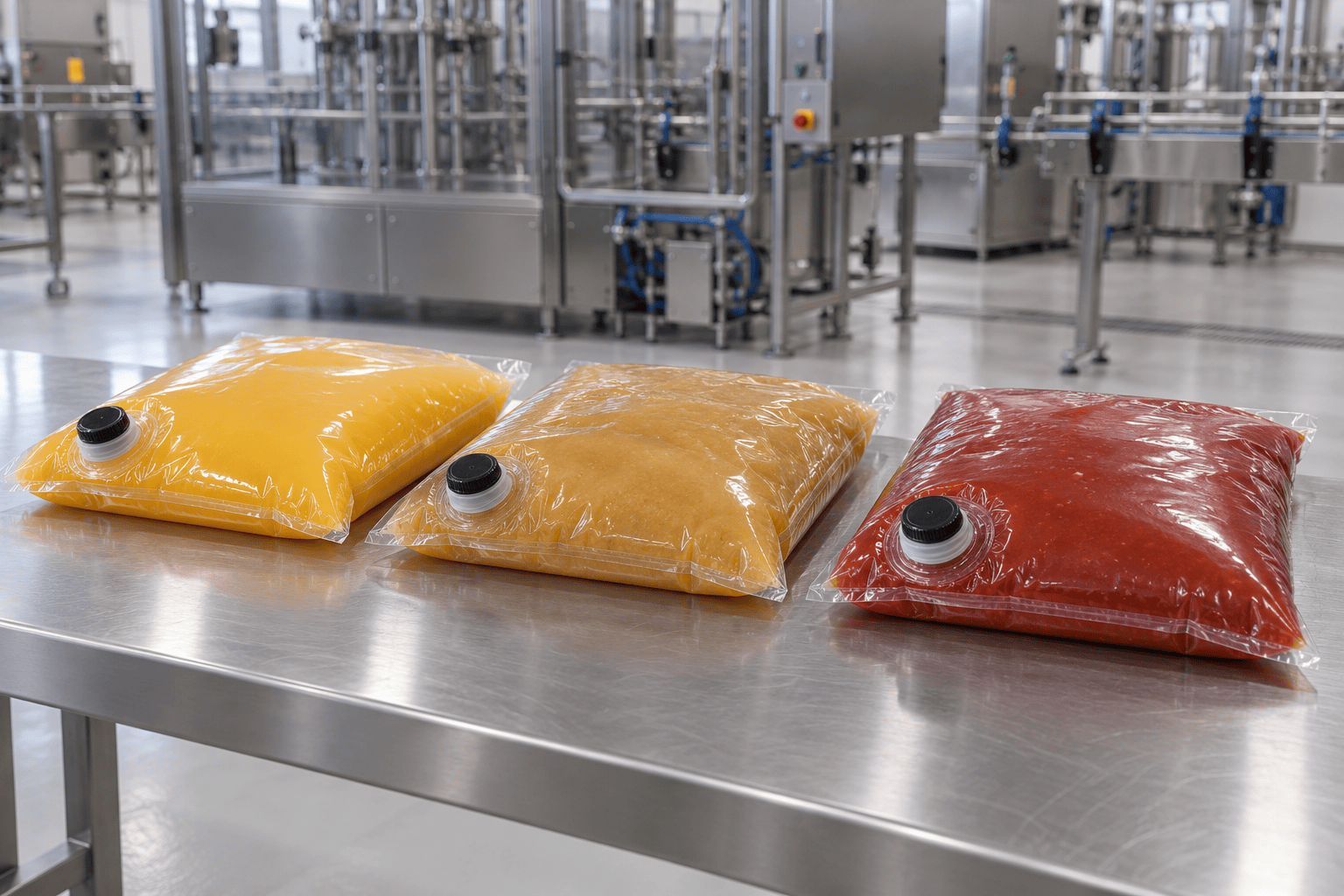 Fitted industrial liners of juice, fruit purée and tomato sauce on a stainless bench