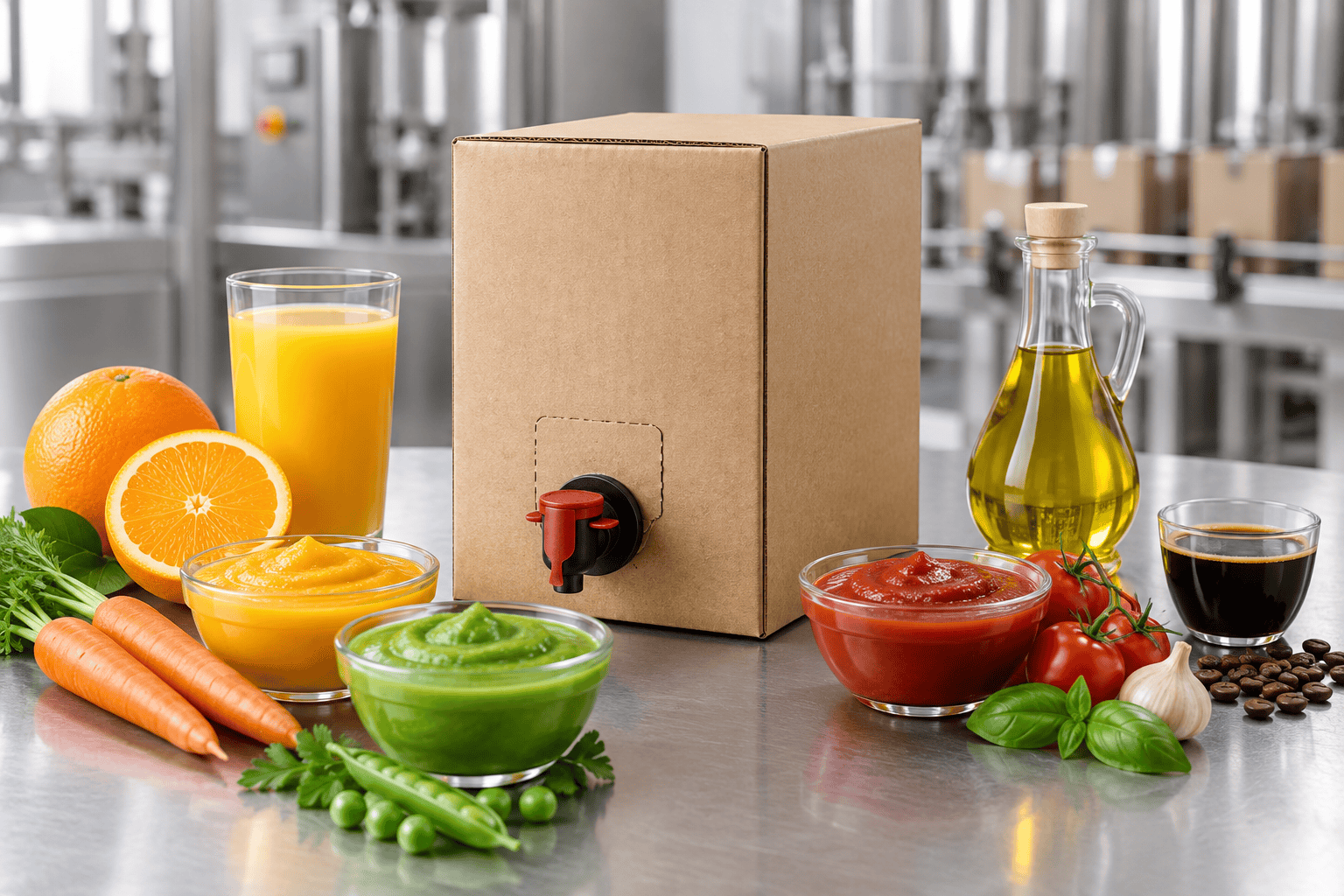 Foodservice bag-in-box packs of juice, sauce, cooking oil and fruit purée