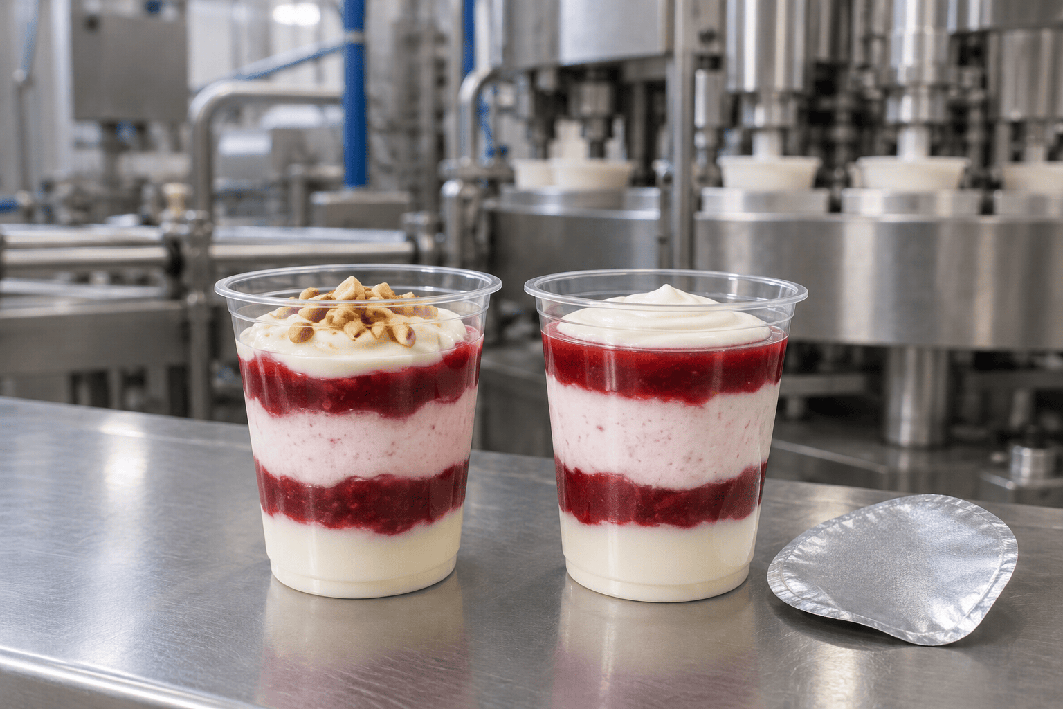 Layered yoghurt and mousse cups with fruit syrup base and nut inclusions, foil lid alongside