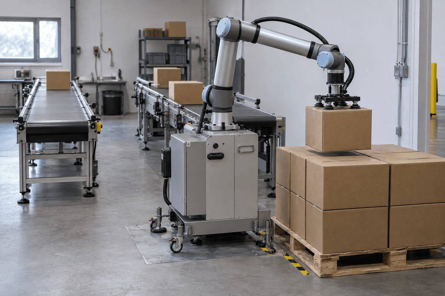 Mobile cobot cell on a castored plinth docked at a datum station beside a pallet