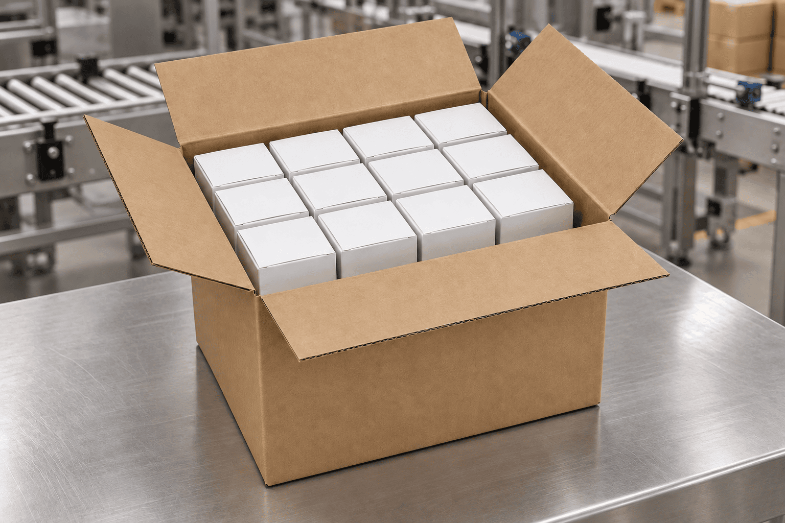 Open RSC case of white inner cartons packed in a grid on a stainless bench