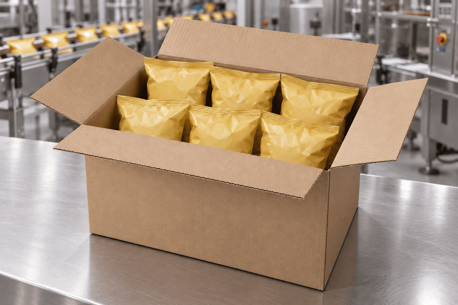Open RSC case of sealed snack bags on a stainless bench beside a packaging line