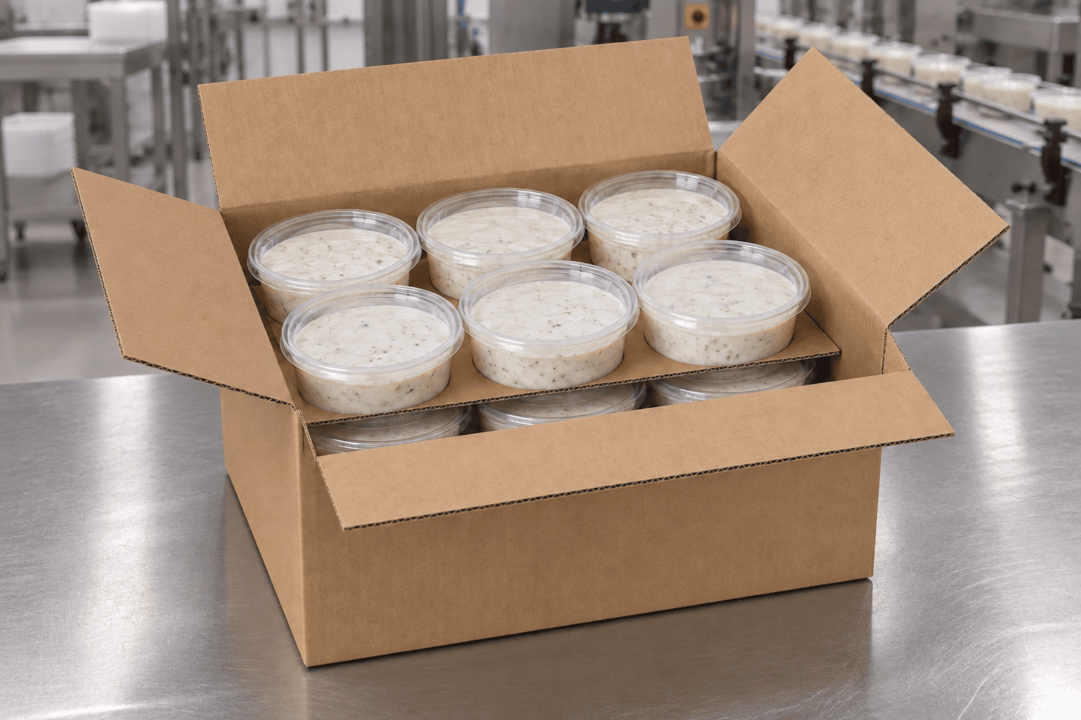 Open RSC case of lidded dip tubs in two layers in a chilled food plant