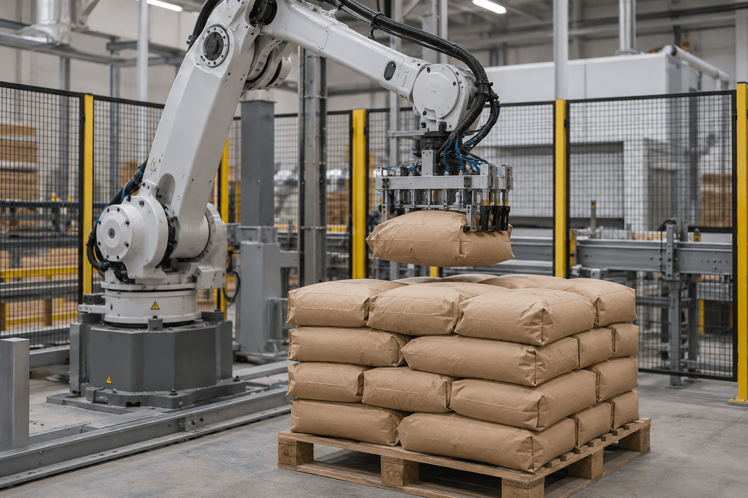 Robot palletising white plastic pails with a layer sheet between tiers