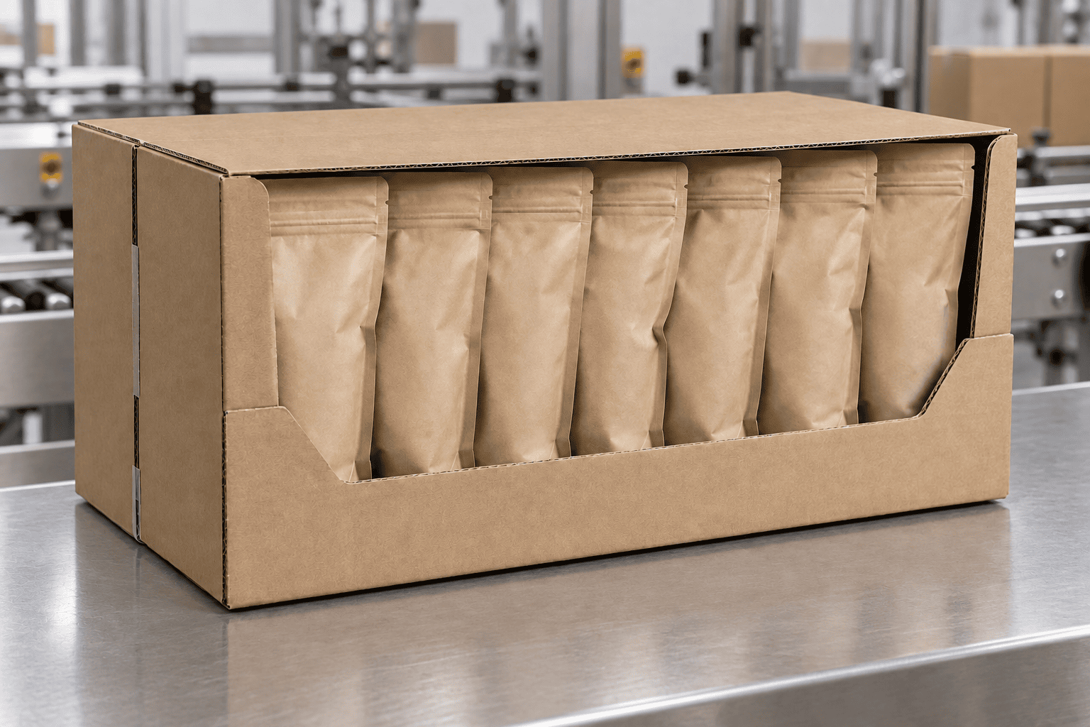 Shelf-ready wrap-around case of kraft stand-up pouches on a stainless packaging line