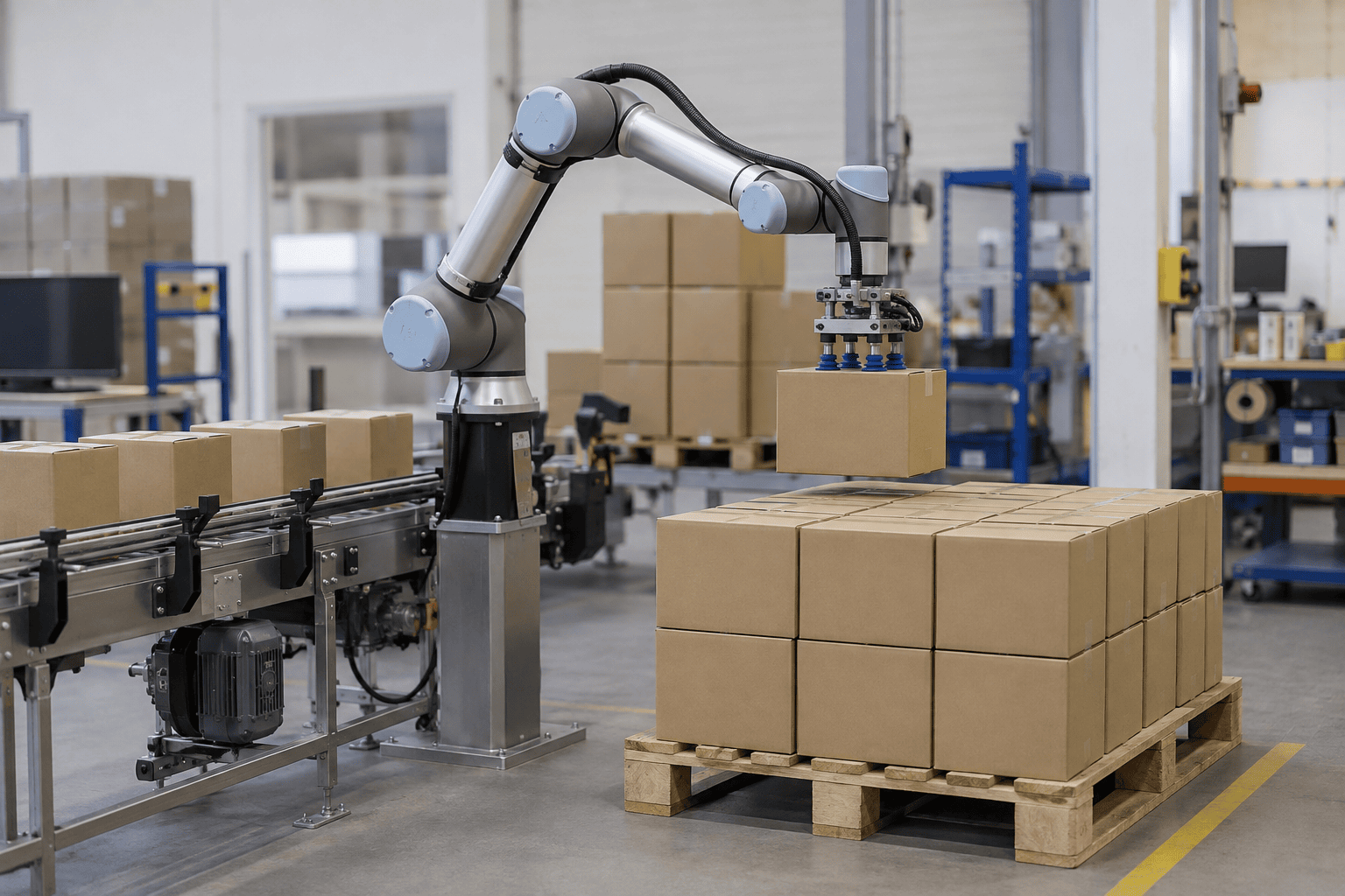 Cobot placing a shipper case onto a pallet at the end of a roller conveyor