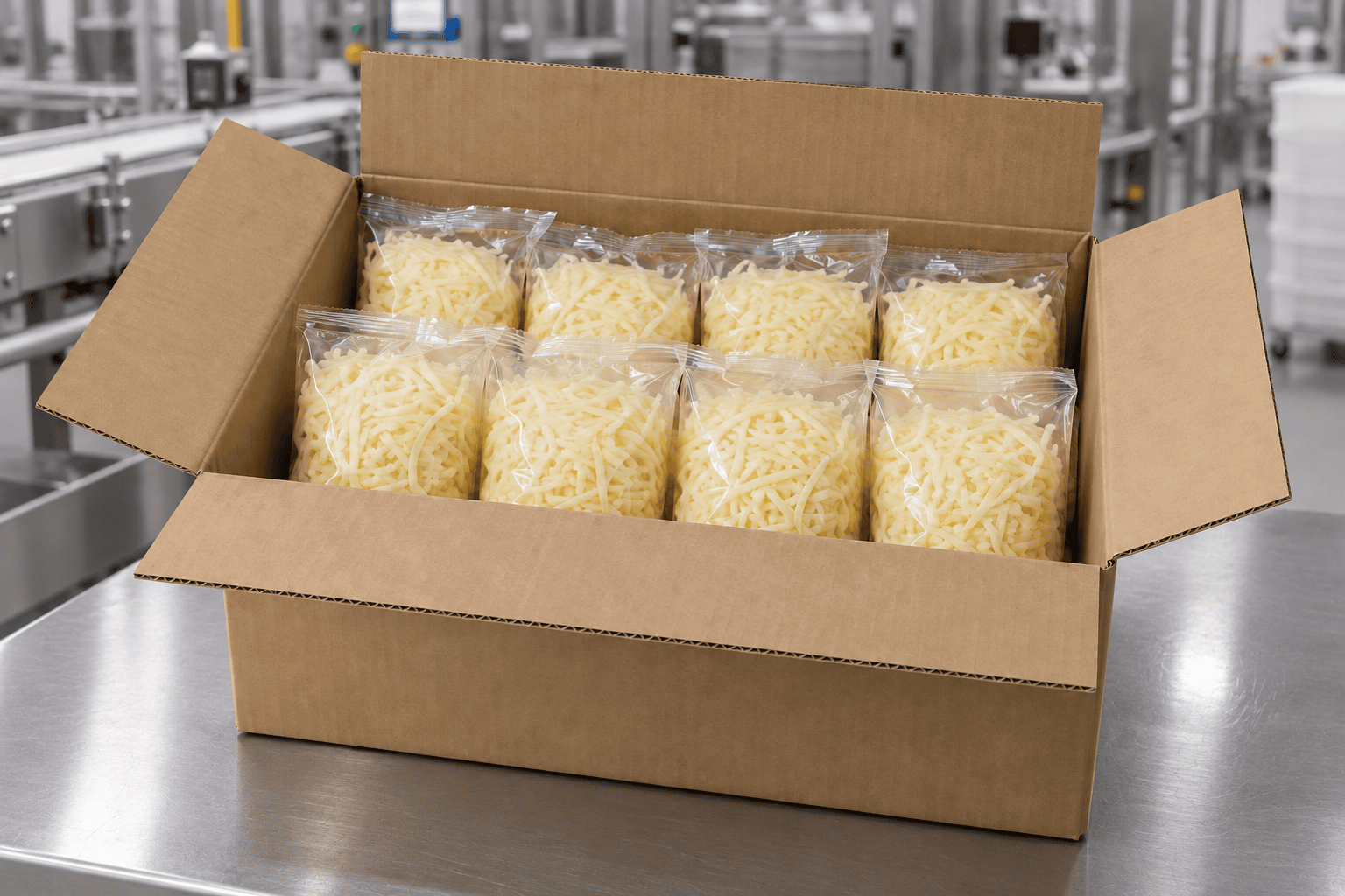 Open RSC case of sealed shredded cheese bags in a dairy plant