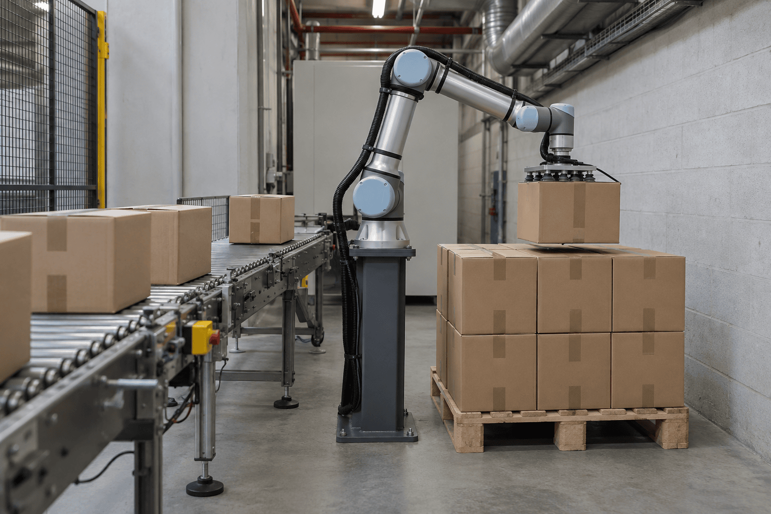 Fence-free cobot palletising against a wall in a narrow end-of-line space