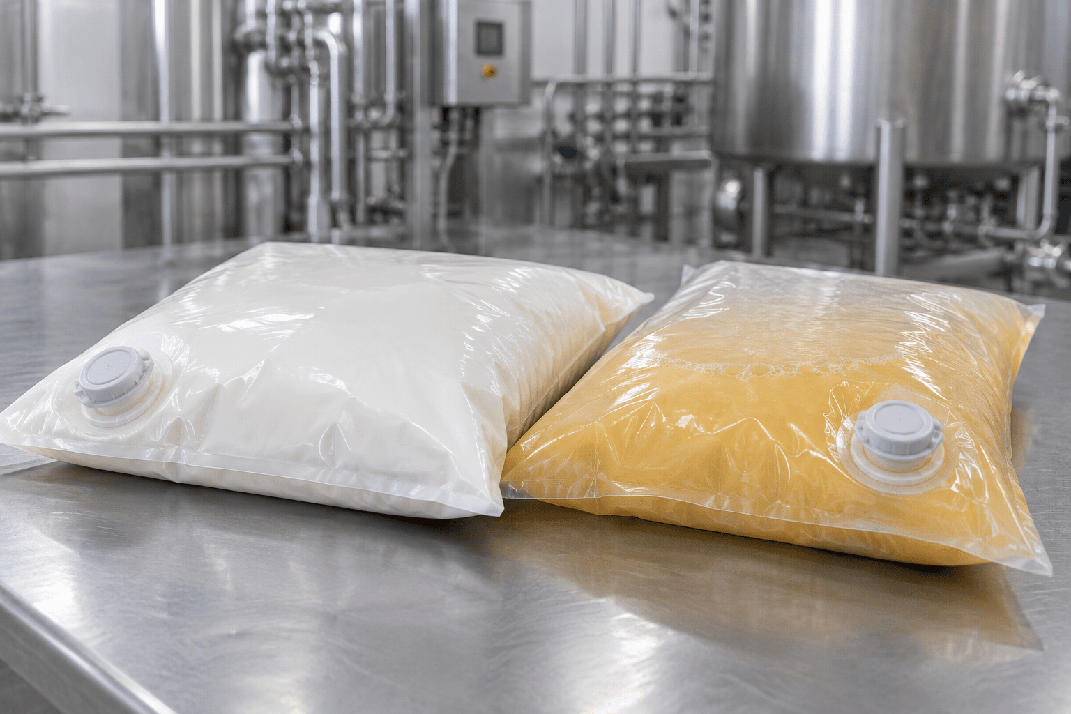 Fitted bulk liners of UHT milk and liquid egg on a stainless bench in a dairy plant
