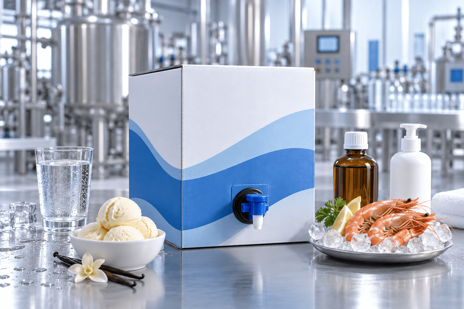 Bag-in-box packs for bulk water, ice cream, seafood and pharmaceutical liquids