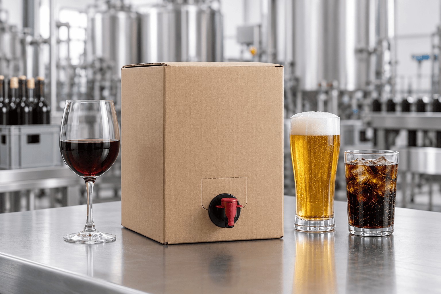 Bag-in-box packs for cask wine, beer, soft drinks and postmix syrup