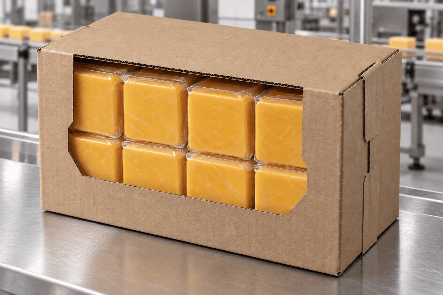 Shelf-ready wrap-around case of vacuum-wrapped cheese blocks in a dairy factory