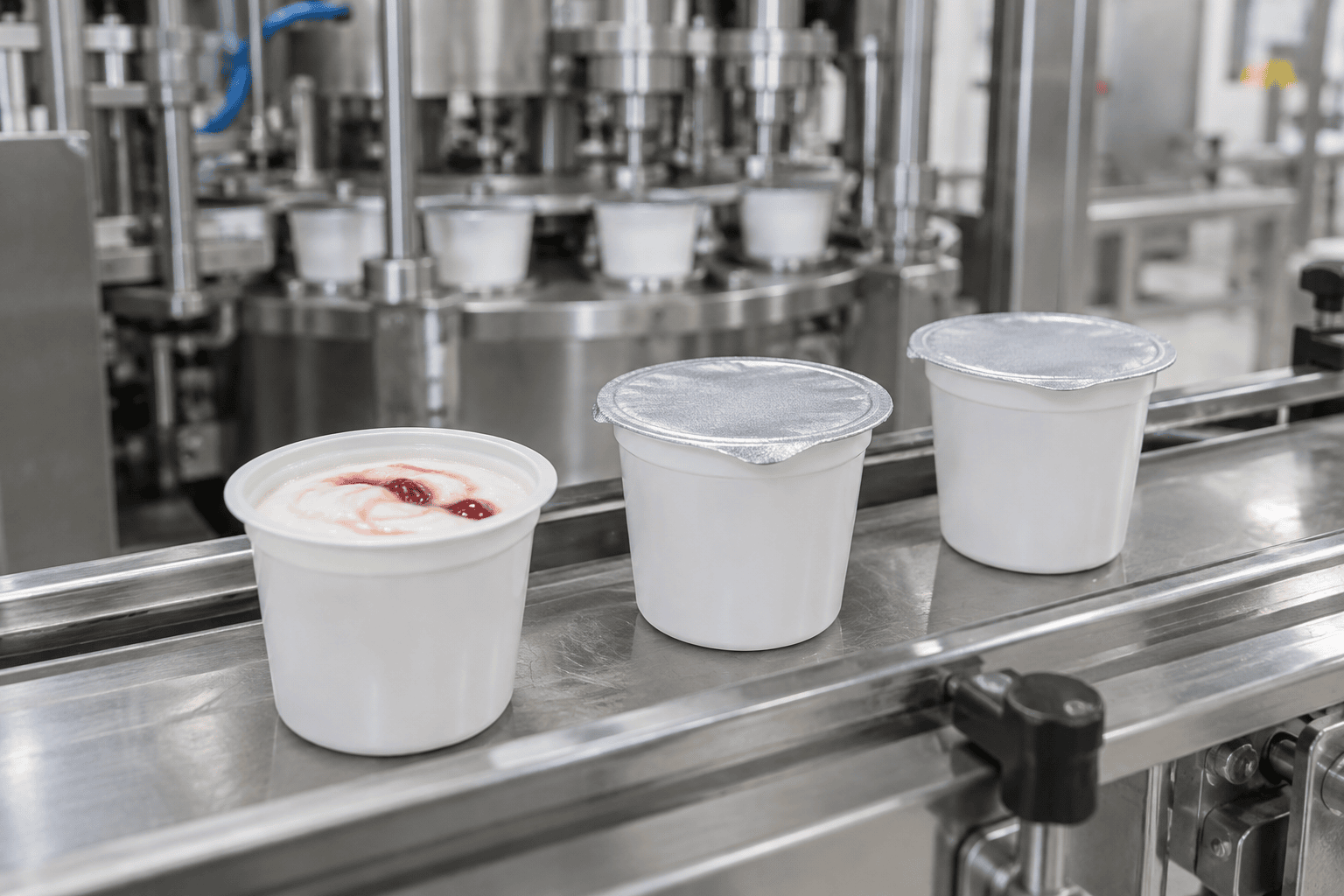 Foil-sealed yoghurt tubs on a filling line, one open showing fruit swirl