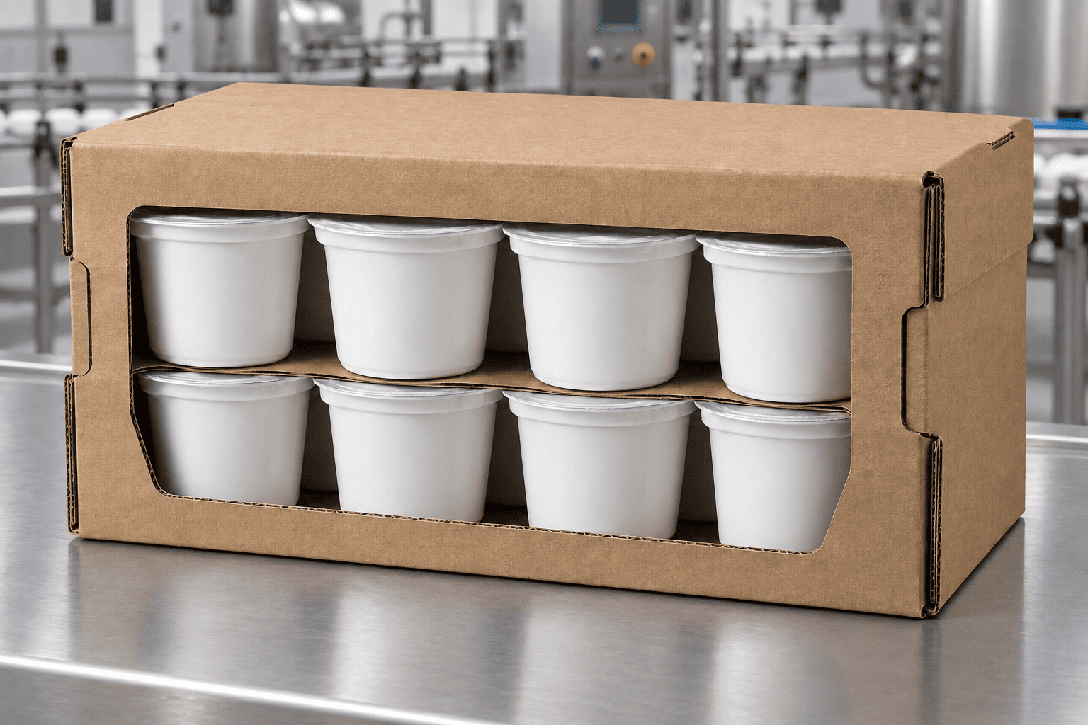 Shelf-ready wrap-around case of foil-sealed yoghurt tubs in two tiers in a chilled dairy factory